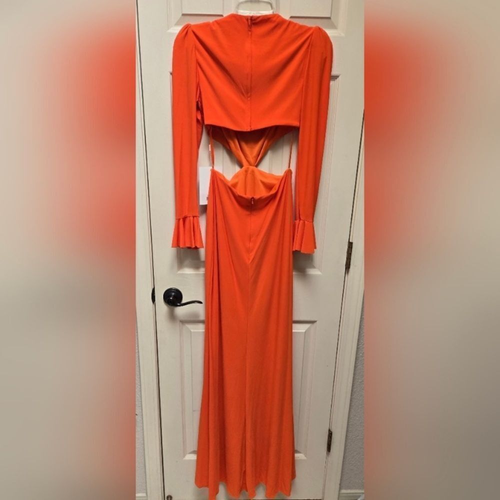 IEENA FOR MAC DUGGAL
Orange Long Sleeve Puff Shoulder Cut Out Gown - Picture 5 of 9